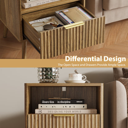 YouTrend Nightstands Set of 2 with Open Shelf,Beside Table with Fluted Design ,End Table with Solid Wood Legs for bedroom