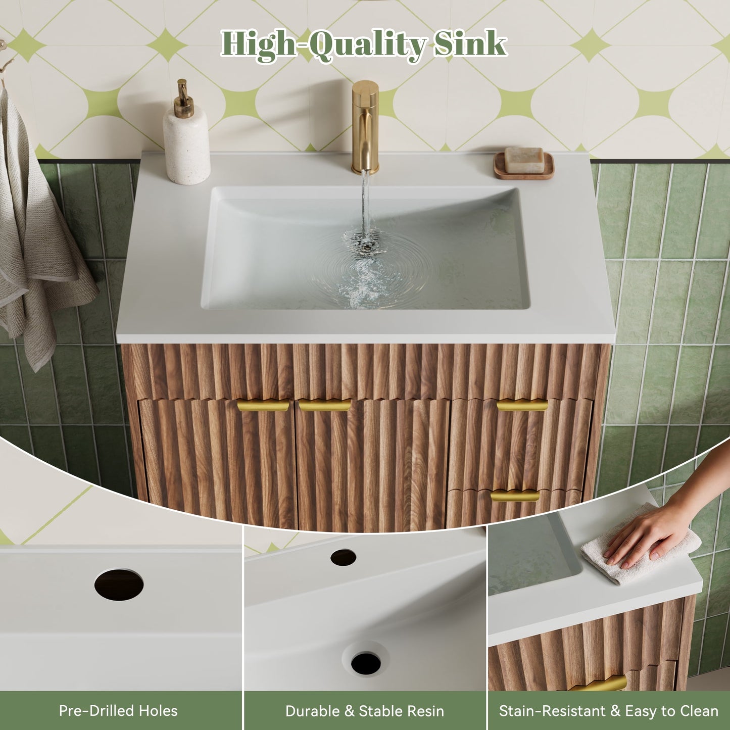 ASTUVIA 60" Fluted Bathroom Vanity Cabinet with 2 Drawers,Bathroom Vanity with Sink and 4 Soft-Close Doors,Floating Bathroom Sink Cabinet,Brown