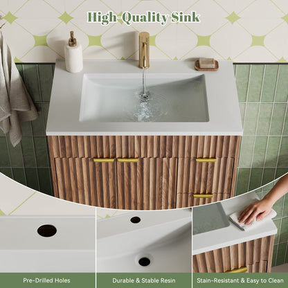 ASTUVIA 60" Fluted Bathroom Vanity Cabinet with 2 Drawers,Bathroom Vanity with Sink and 4 Soft-Close Doors,Floating Bathroom Sink Cabinet,Brown