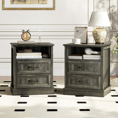 YouTrend Farmhouse Nightstand with 2 Drawers & Open Shelf End Table Bedside Tables for Bedroom Living Room,White