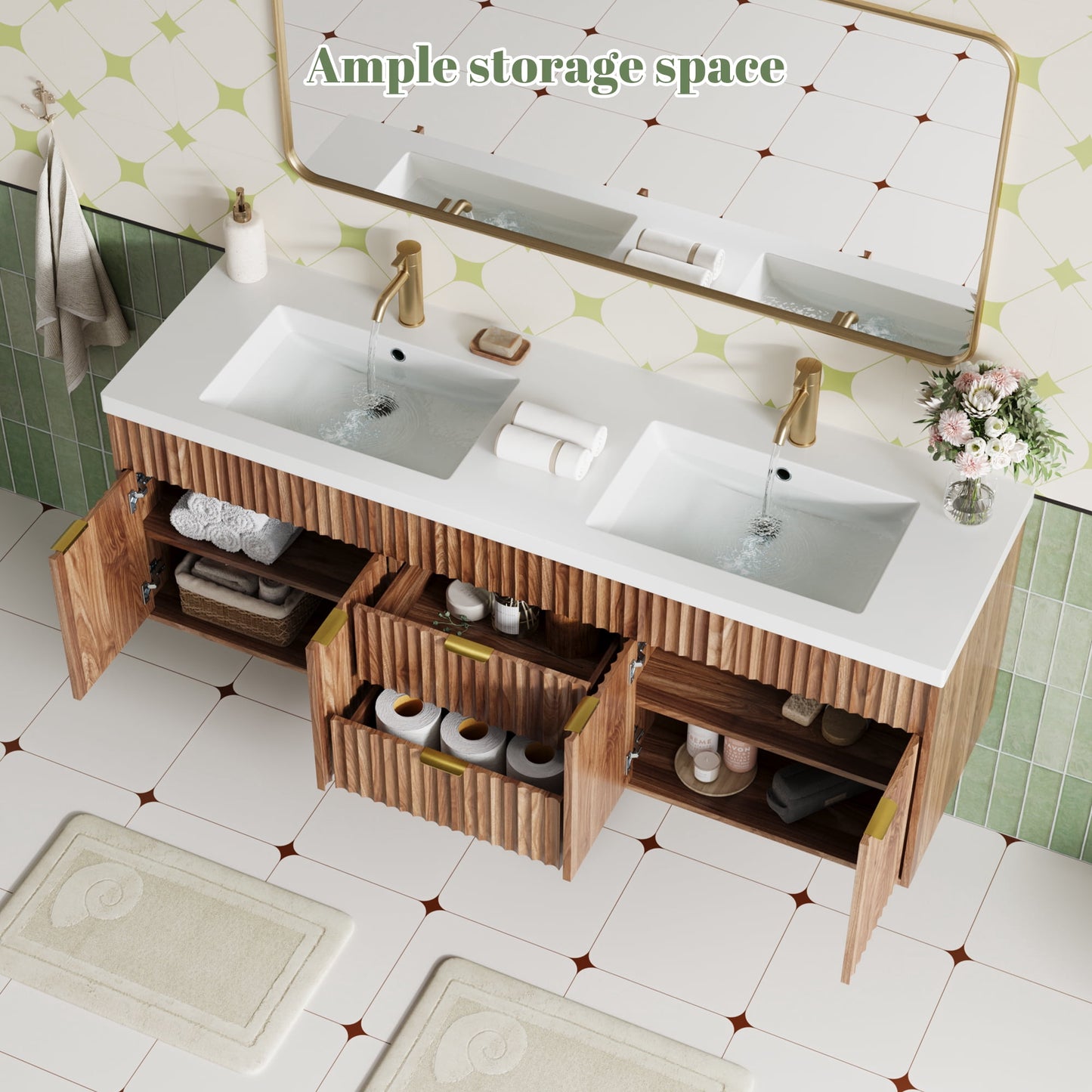 ASTUVIA 60" Fluted Bathroom Vanity Cabinet with 2 Drawers,Bathroom Vanity with Sink and 4 Soft-Close Doors,Floating Bathroom Sink Cabinet,Brown