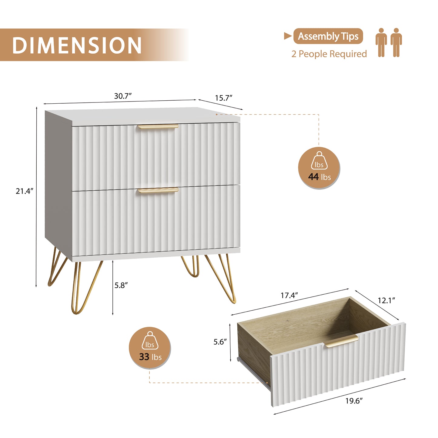 Set of 2 Nightstand with 2 Drawers,Fluted Wood Bedside Tables End Table for Bedroom Living Room