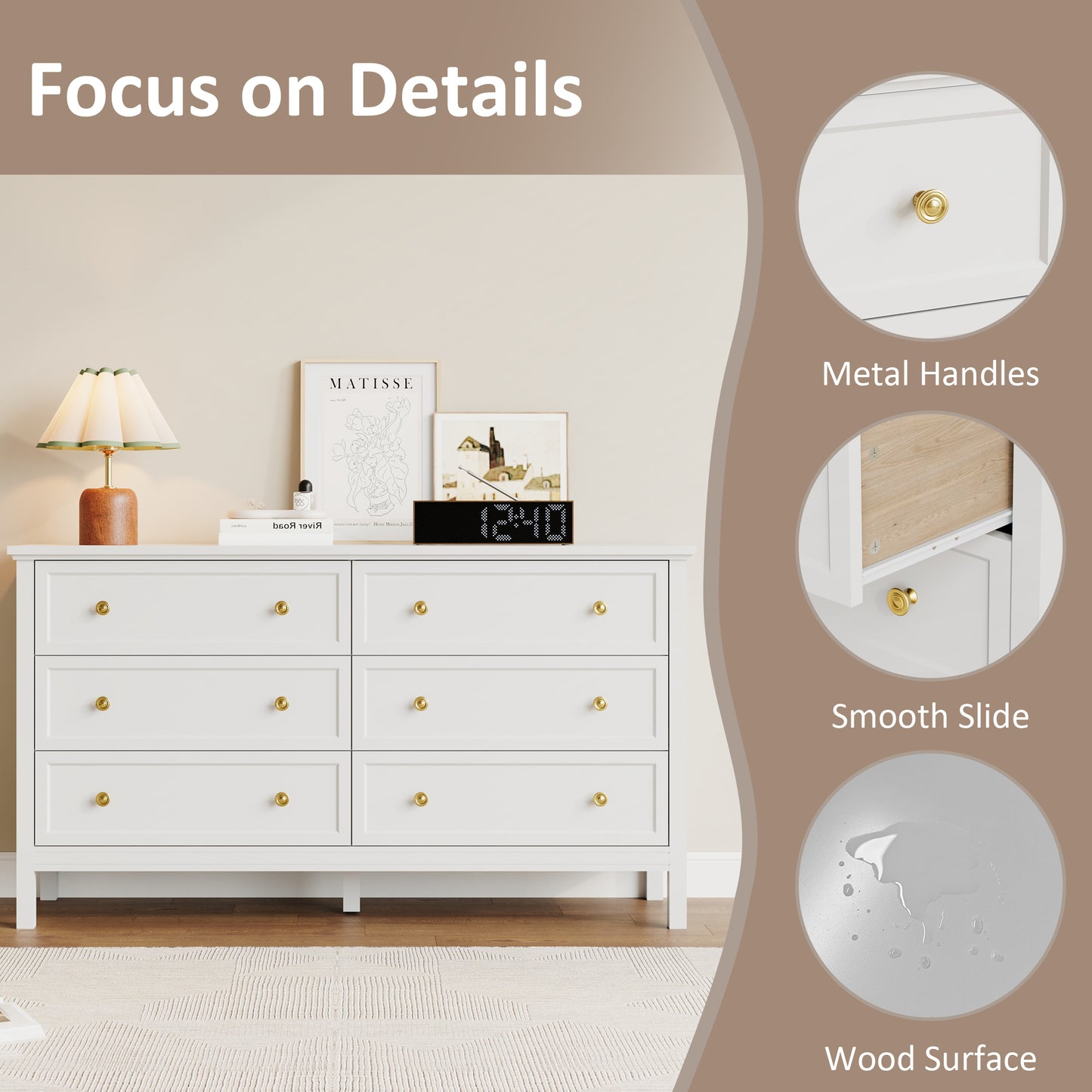Dresser with 6 Large Drawer for Bedroom,Traditional Adult Chest of Drawers with Golden Handles for Living Room,Hallway,Nursery