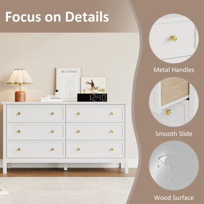 Dresser with 6 Large Drawer for Bedroom,Traditional Adult Chest of Drawers with Golden Handles for Living Room,Hallway,Nursery