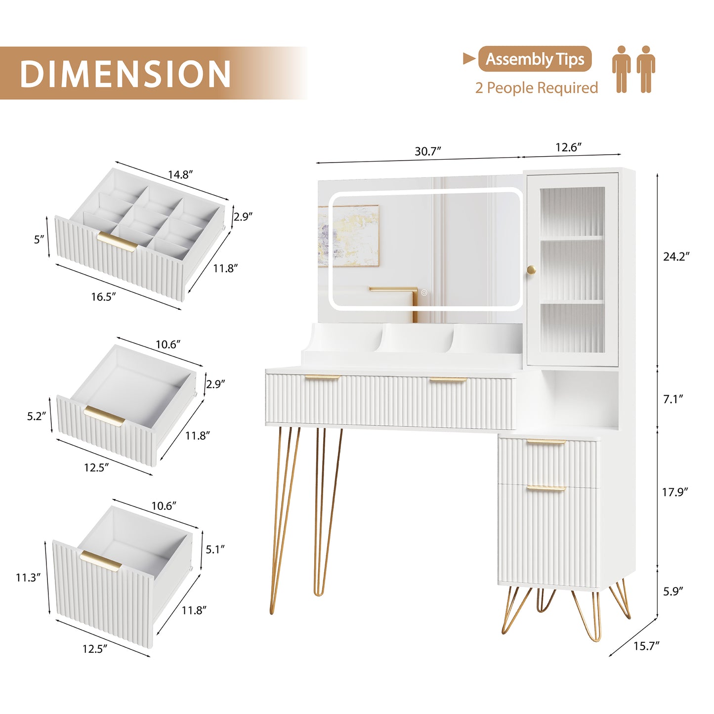 White Vanity Desk Set with Mirror and Lights, Modern Makeup Desk with 4 Drawers,1 Doors & 3 Storage Compartments for Bedroom