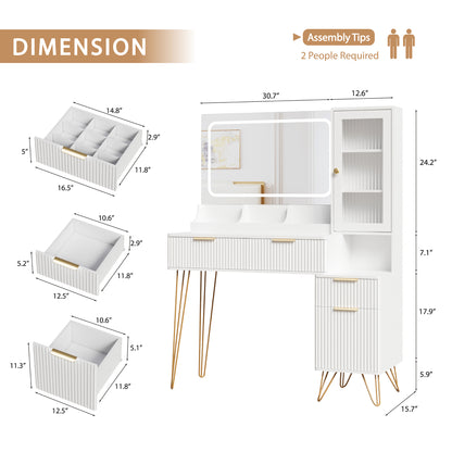 White Vanity Desk Set with Mirror and Lights, Modern Makeup Desk with 4 Drawers,1 Doors & 3 Storage Compartments for Bedroom