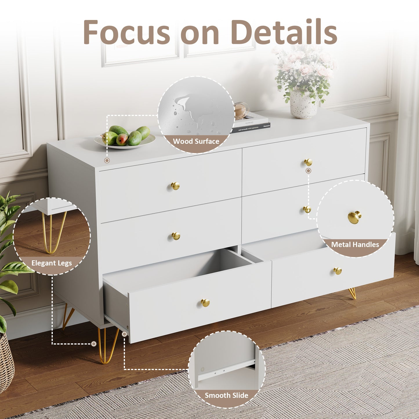6 Drawer Dresser,Adult Chest of Drawers with Golden Handles & Legs for Bedroom,Living Room,Hallway,Nursery
