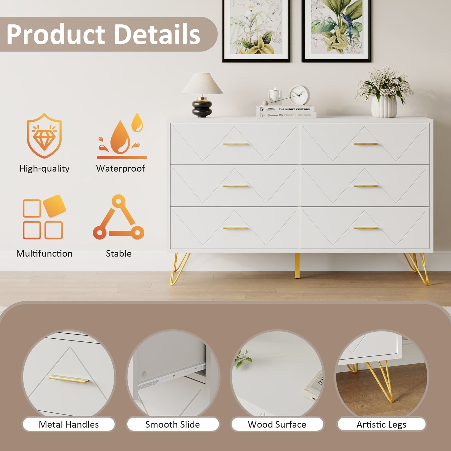 6 Drawer Dresser Double Dresser Storage Cabinet with W Pattern for Living Room, Hallway, Nursery