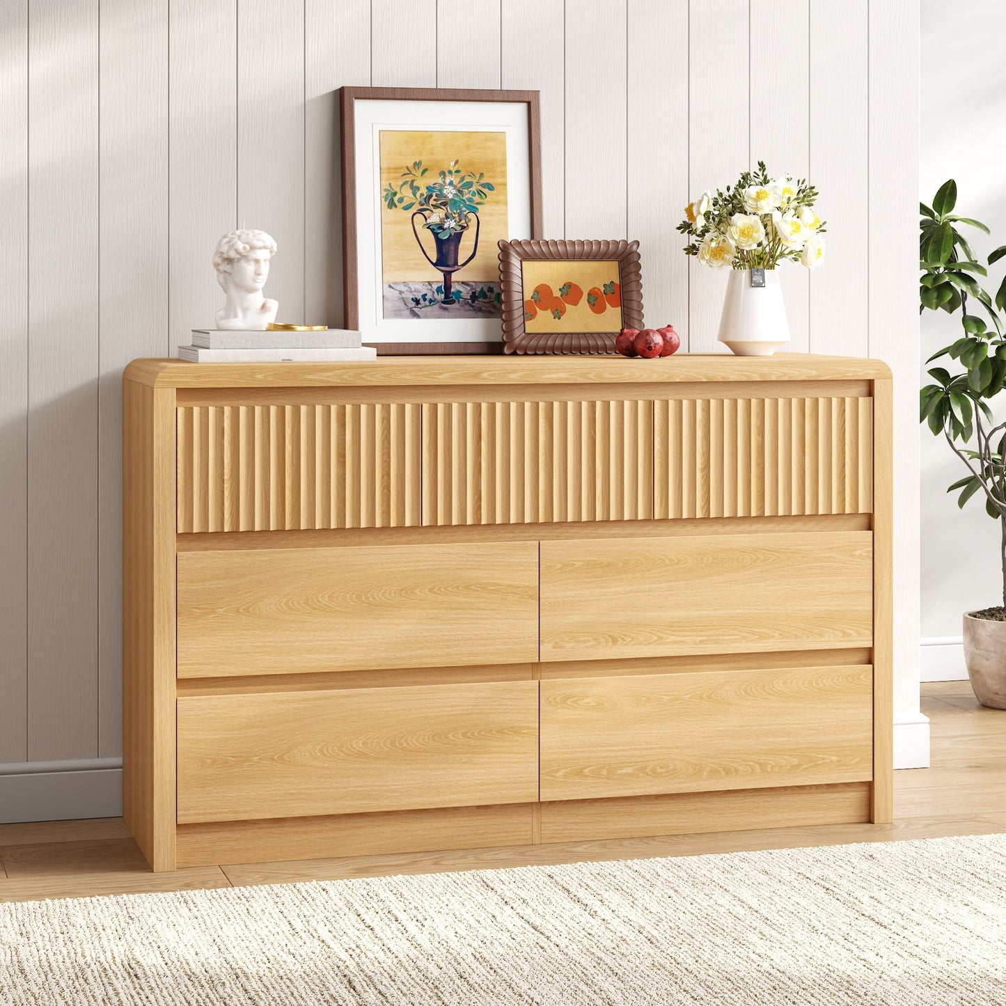 ASTUVIA 9 Fluted Drawers Dresser for Bedroom, 49.2" W Modern Chest of Drawers with Curved Profile Design, Mid Century Storage Dressers Organizer,Brown