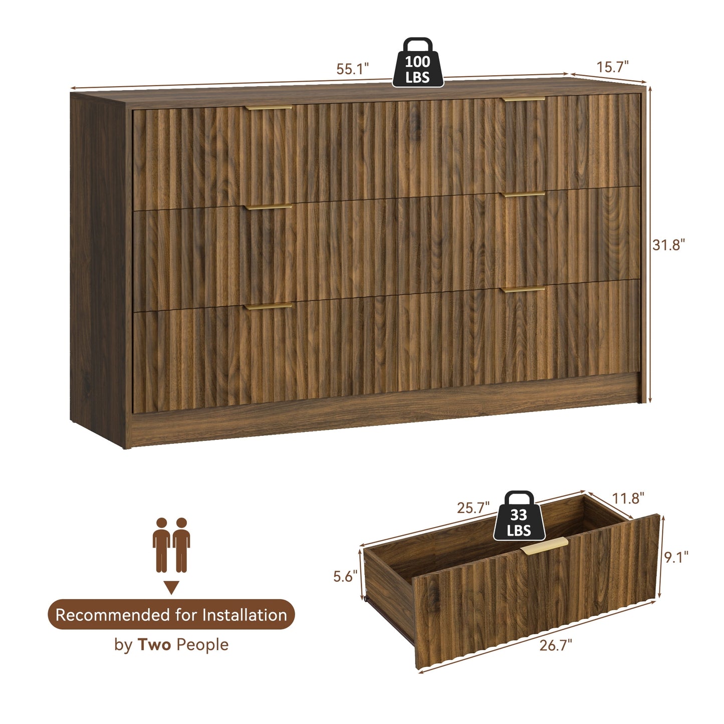 YouTrend 6 Drawer Dresser for Bedroom,55.1"Width Fluted Wood Chest of Drawer with Golden Embedded Handles for Living Room,Black