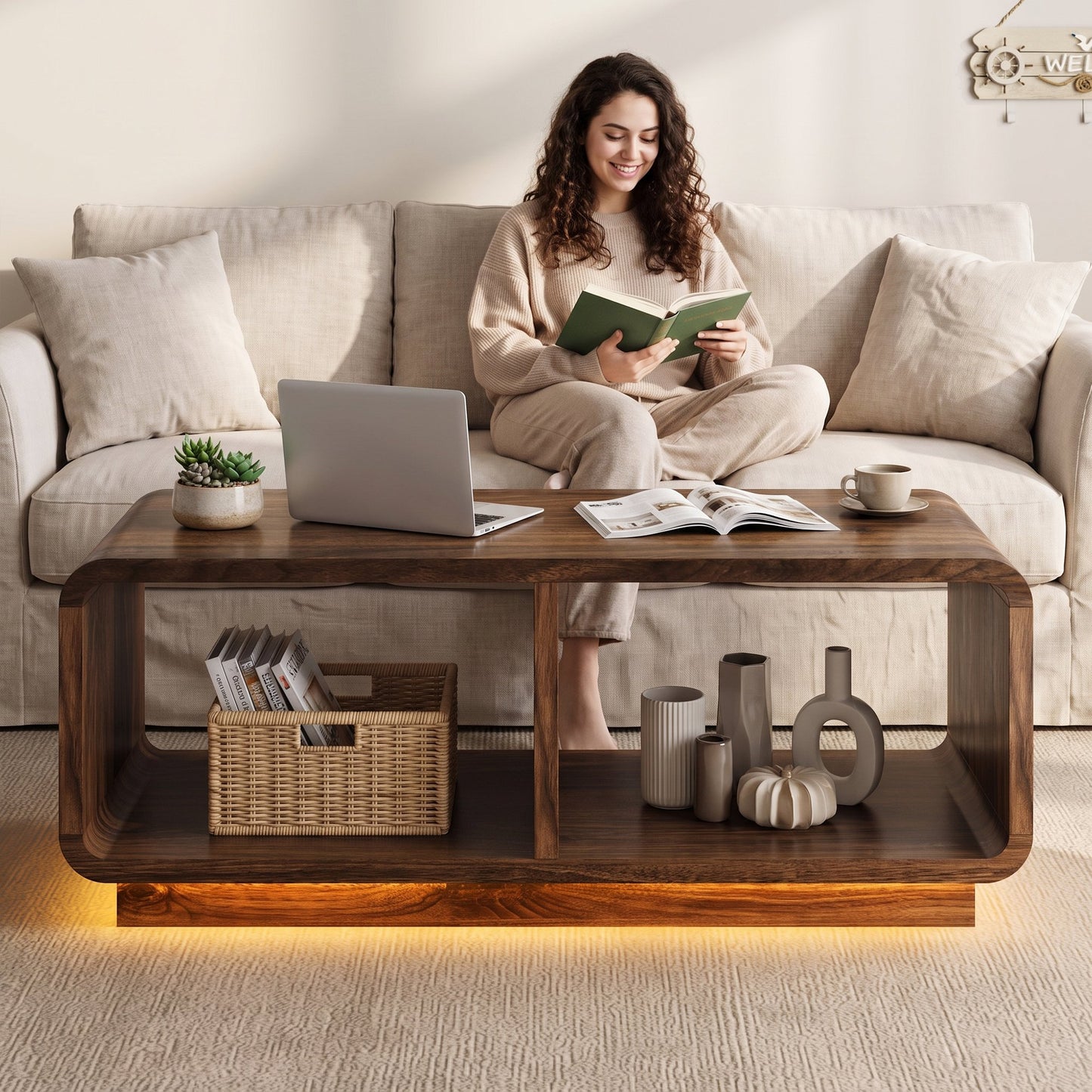 ASTUVIA Coffee Table with LED Lights, 47.2" W TV Stand Center Table with 2-Tiers for Living Room