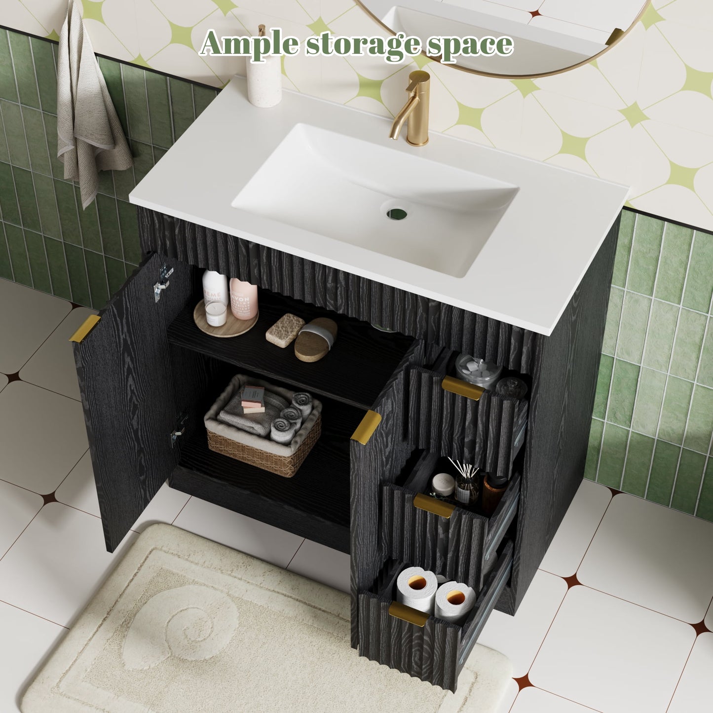 ASTUVIA 60" Fluted Bathroom Vanity Cabinet with 2 Drawers,Bathroom Vanity with Sink and 4 Soft-Close Doors,Floating Bathroom Sink Cabinet,Brown