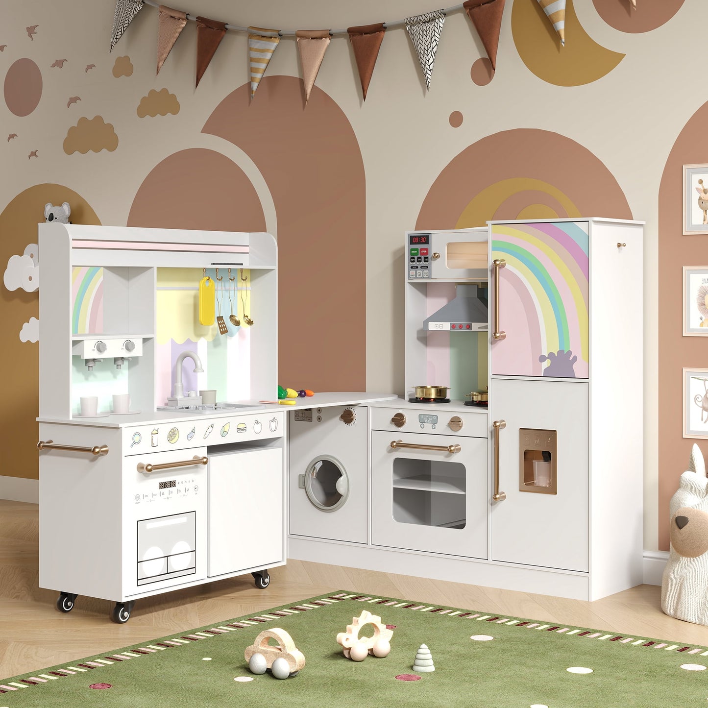 ASTUVIA Wooden Play Kitchen For Kids With Realistic Lights & Sounds, Smart Storage, Pretend Ice Maker, Sink, Stove, Inspiring Creative Role Play Toy