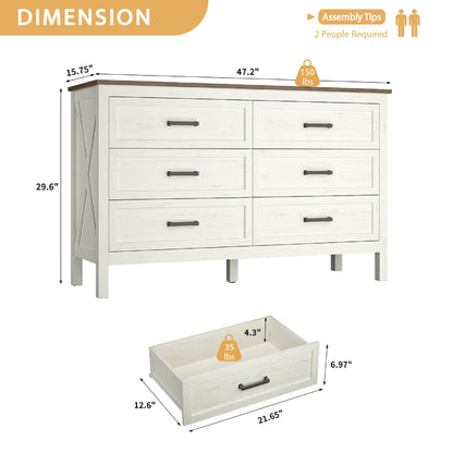 YouTrend 6 Drawer Farmhouse Dresser,Wood Adult Rustic Chest of Drawer with Metal Handles for Bedroom Living Room Hallway,Burlywood & White