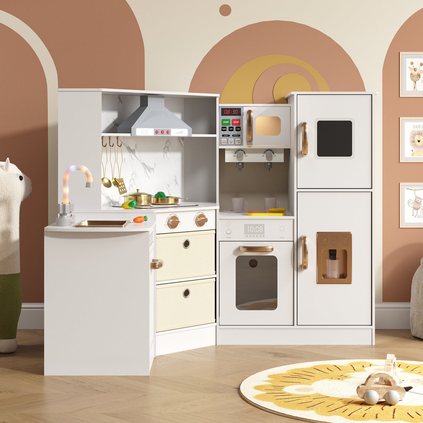 ASTUVIA Wooden Play Kitchen For Kids With Realistic Lights & Sounds, Smart Storage, Pretend Ice Maker, Sink, Stove, Inspiring Creative Role Play Toy