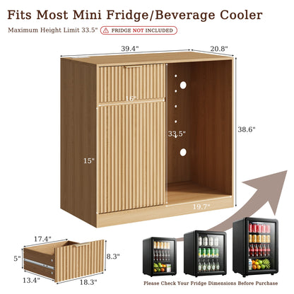ASTUVIA Mini Fridge Cabinet with Power Outlet,Fluted Coffee Bar Cabinet with Mini Fridge Space,Buffet Sideboard with Drawers,Natural
