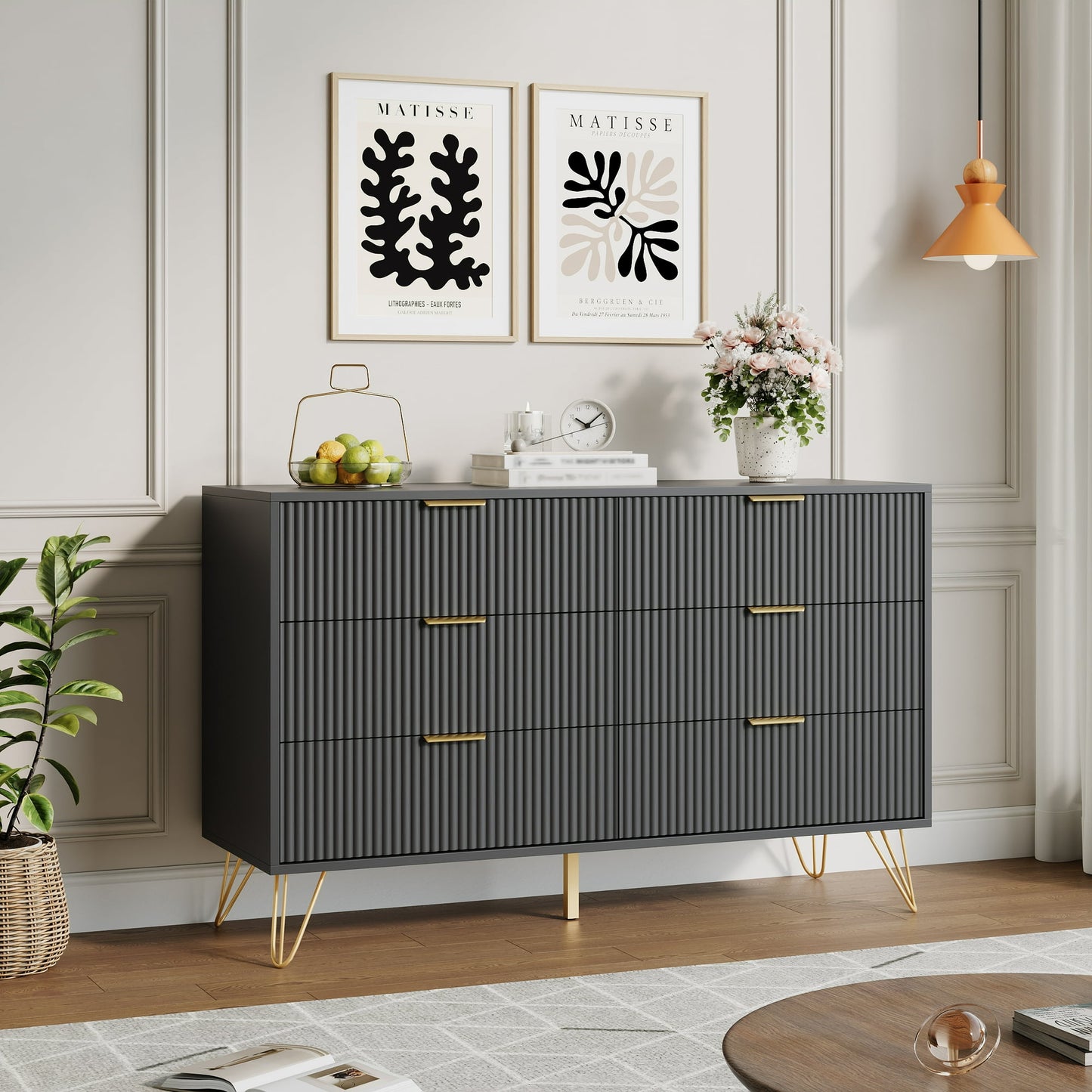 YouTrend White 6 Drawer Dresser with Fluted Wood and Metal Handles Legs for Bedroom Living Room Hallway