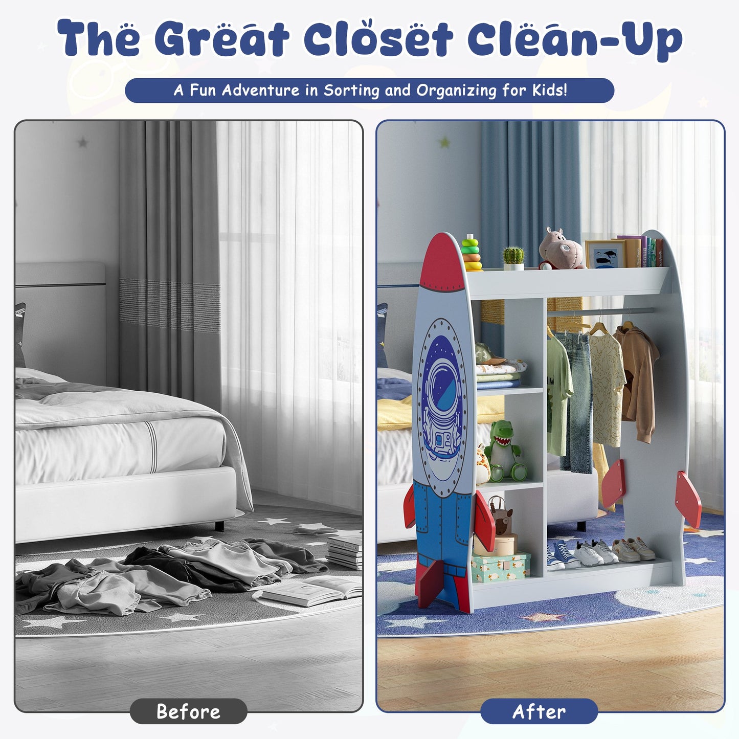 ASTUVIA Kids Dress Up Storage with Mirror, Rocket Shape Kids Clothing Rack with Storage Shelves for Bedroom,Playroom