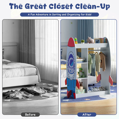 ASTUVIA Kids Dress Up Storage with Mirror, Rocket Shape Kids Clothing Rack with Storage Shelves for Bedroom,Playroom