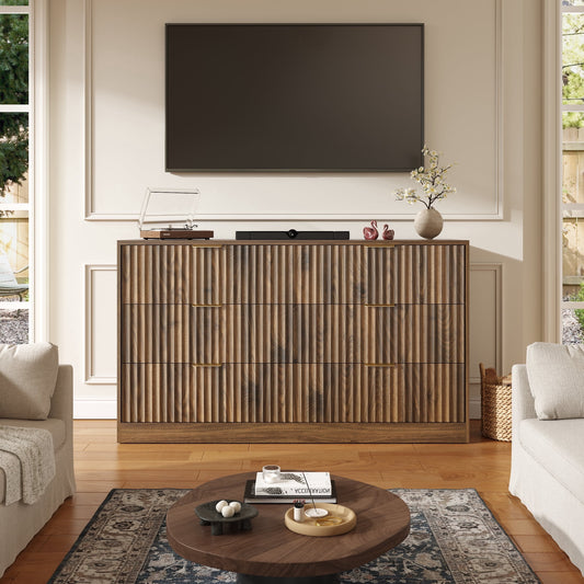 ASTUVIA 55.1" W Fluted 6 Drawer Dresser for Adult,Wooden Bedroom Dresser,Dresser TV Stand up to 65" for Living Room,Brown