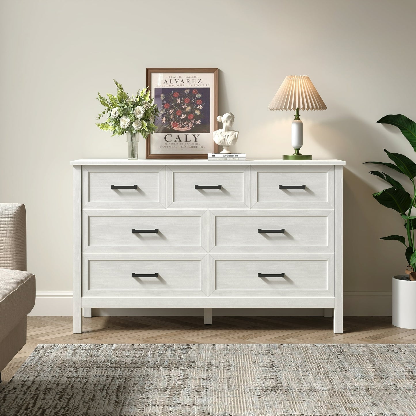 YouTrend 7 Drawer Farmhouse Dresser,Wood Adult Rustic Chest of Drawer with Metal Handles for Bedroom Living Room Hallway,Burlywood & White