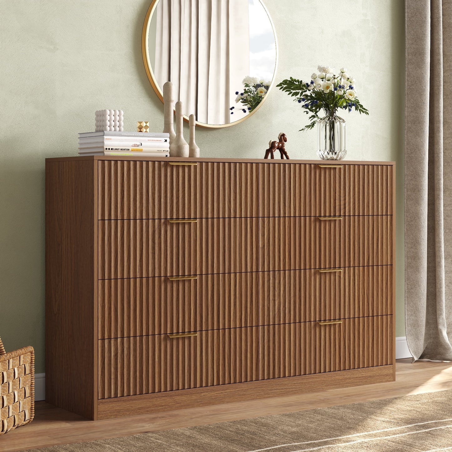 ASTUVIA 55.1" W Fluted 6 Drawer Dresser for Adult,Wooden Bedroom Dresser,Dresser TV Stand up to 65" for Living Room,Brown