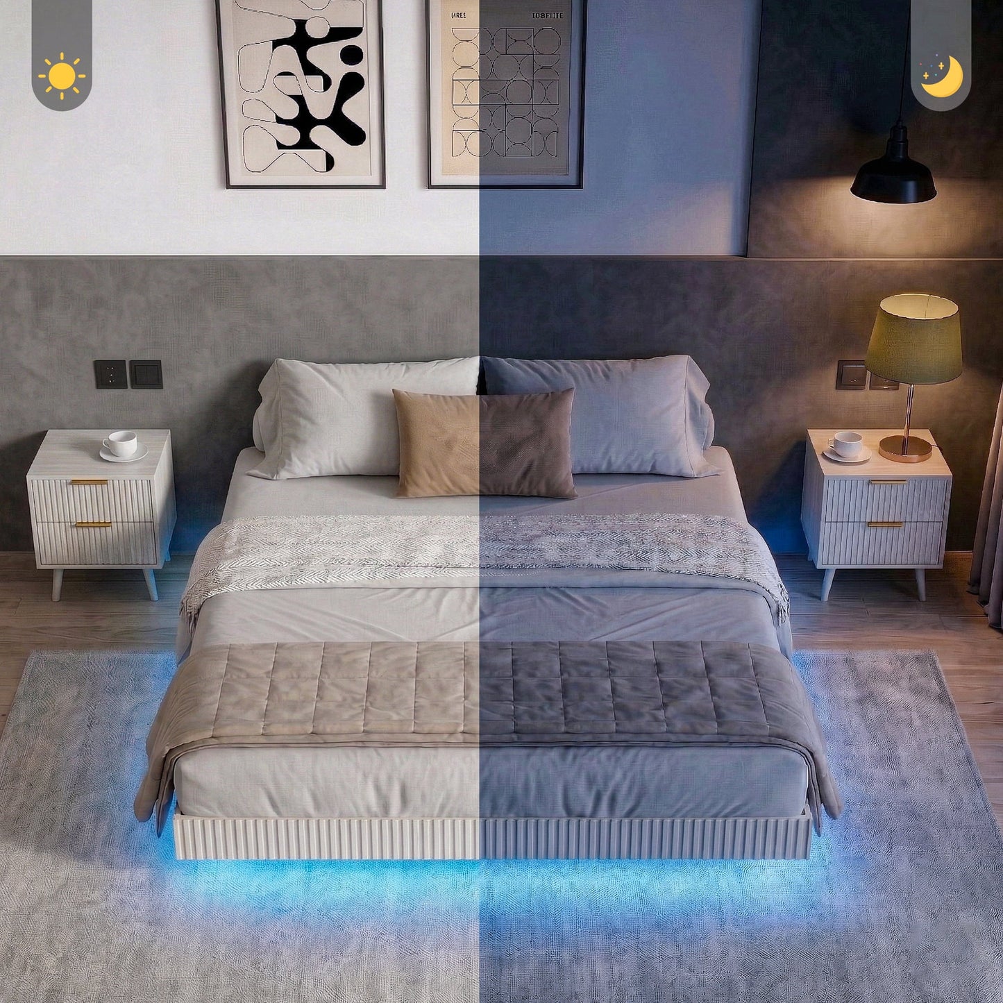 YouTrend King Bed Frame with RGB LED Lights,Floating Bed with Fluted Design;Heavy Duty Steel, Modern Metal Bed Frame,Walnut
