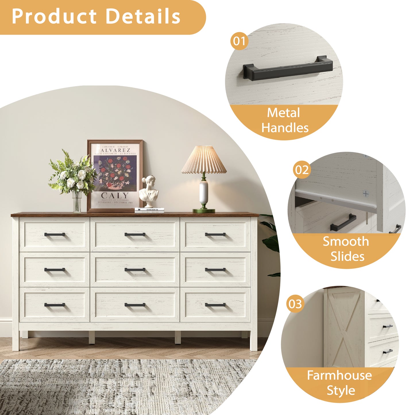 9 Drawer Farmhouse Dresser,Wood Adult Rustic Chest of Drawer with Metal Handles for Bedroom Living Room Hallway