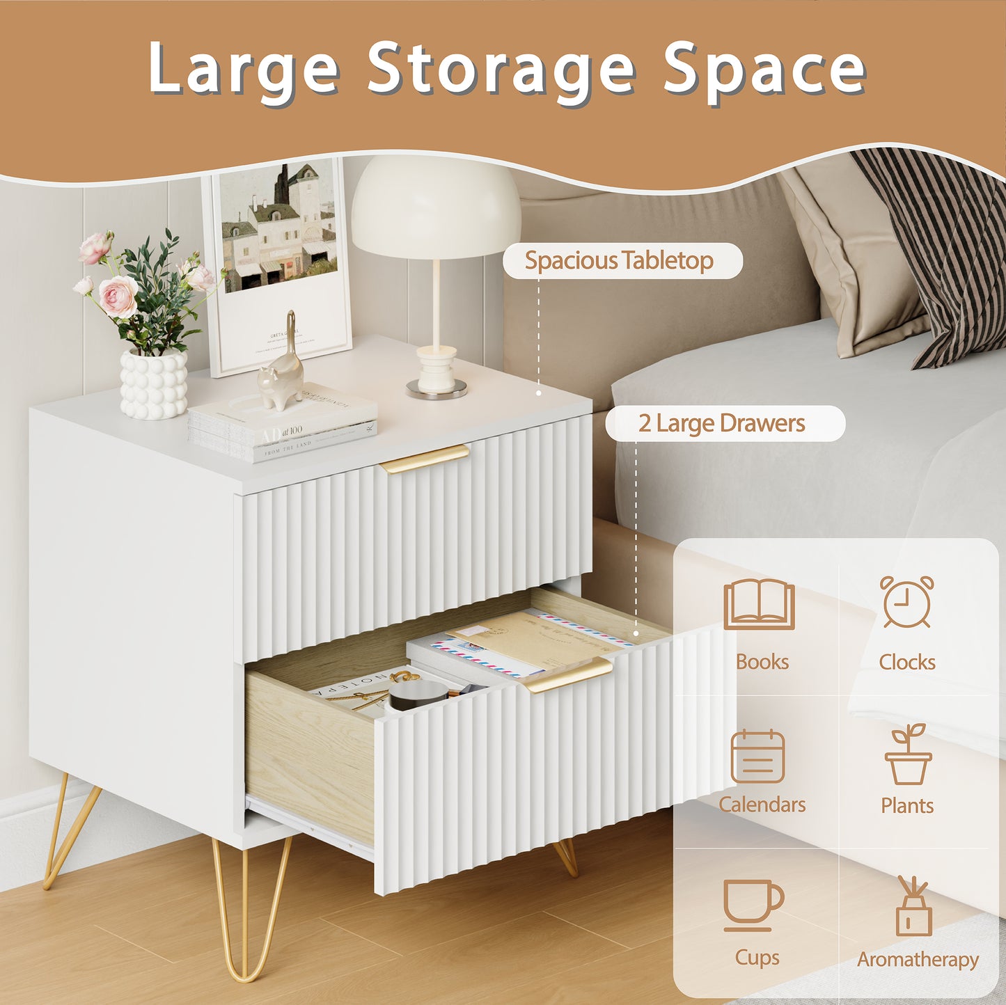 Set of 2 Nightstand with 2 Drawers,Fluted Wood Bedside Tables End Table for Bedroom Living Room