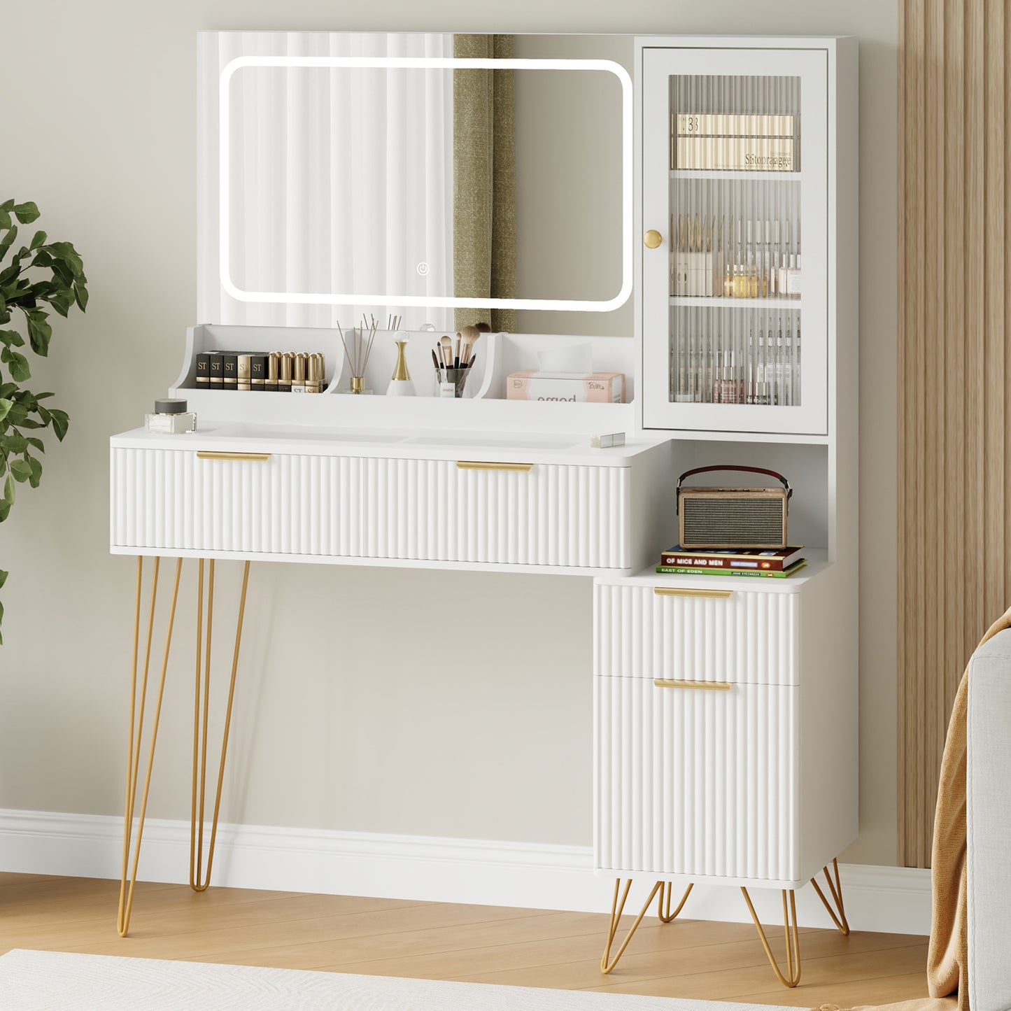 White Vanity Desk Set with Mirror and Lights, Modern Makeup Desk with 4 Drawers,1 Doors & 3 Storage Compartments for Bedroom