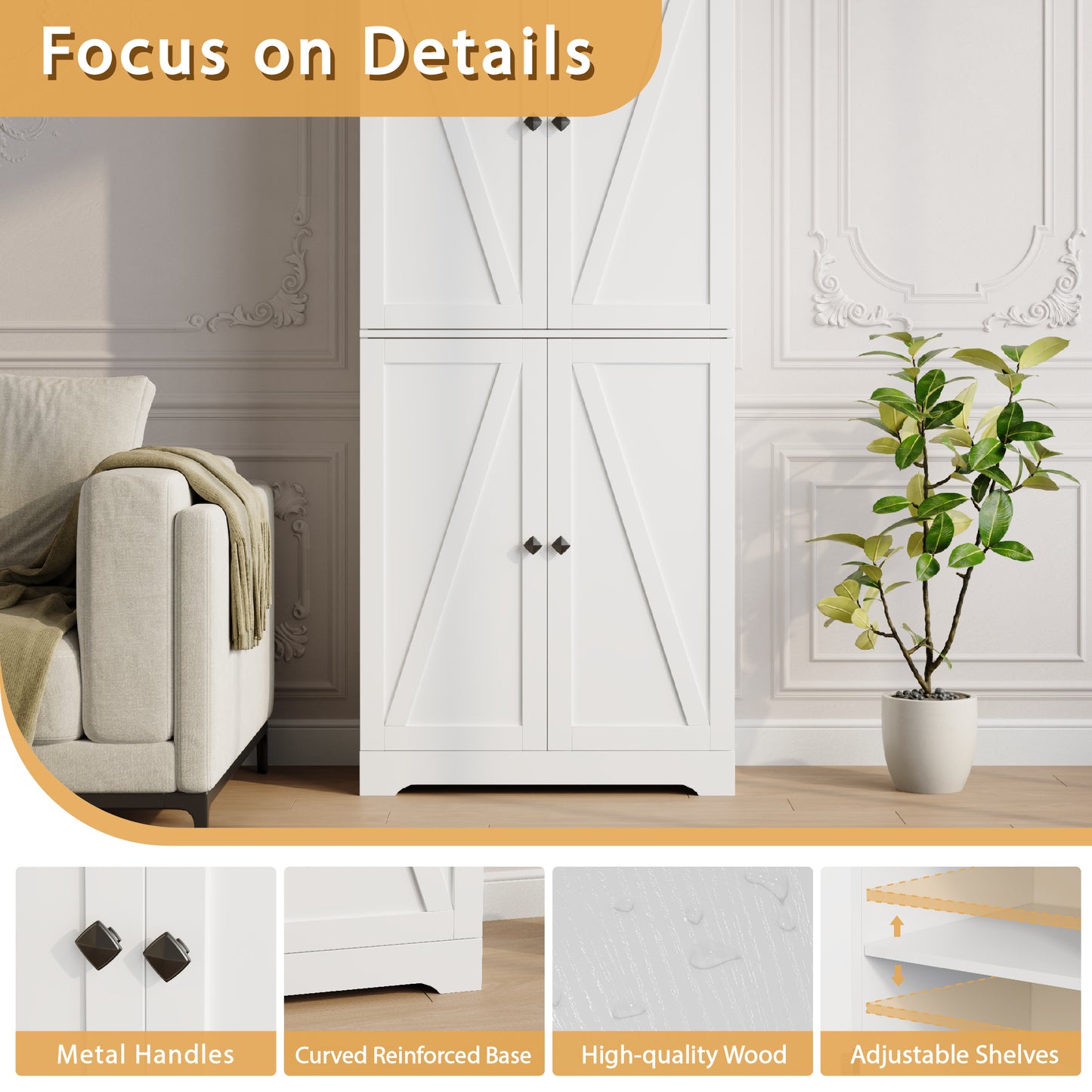 72'' Farmhouse Kitchen Pantry Cabinet with 4 Barn Doors,Storage Cabinet W/ 4 Shelves for Living Room,Kitchen,Bathroom,Office