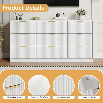 9 Drawer Dresser with for Bedroom,Modern Fluted Wood Chest of Drawer with Golden Embedded Handles for Living Room,Hallway