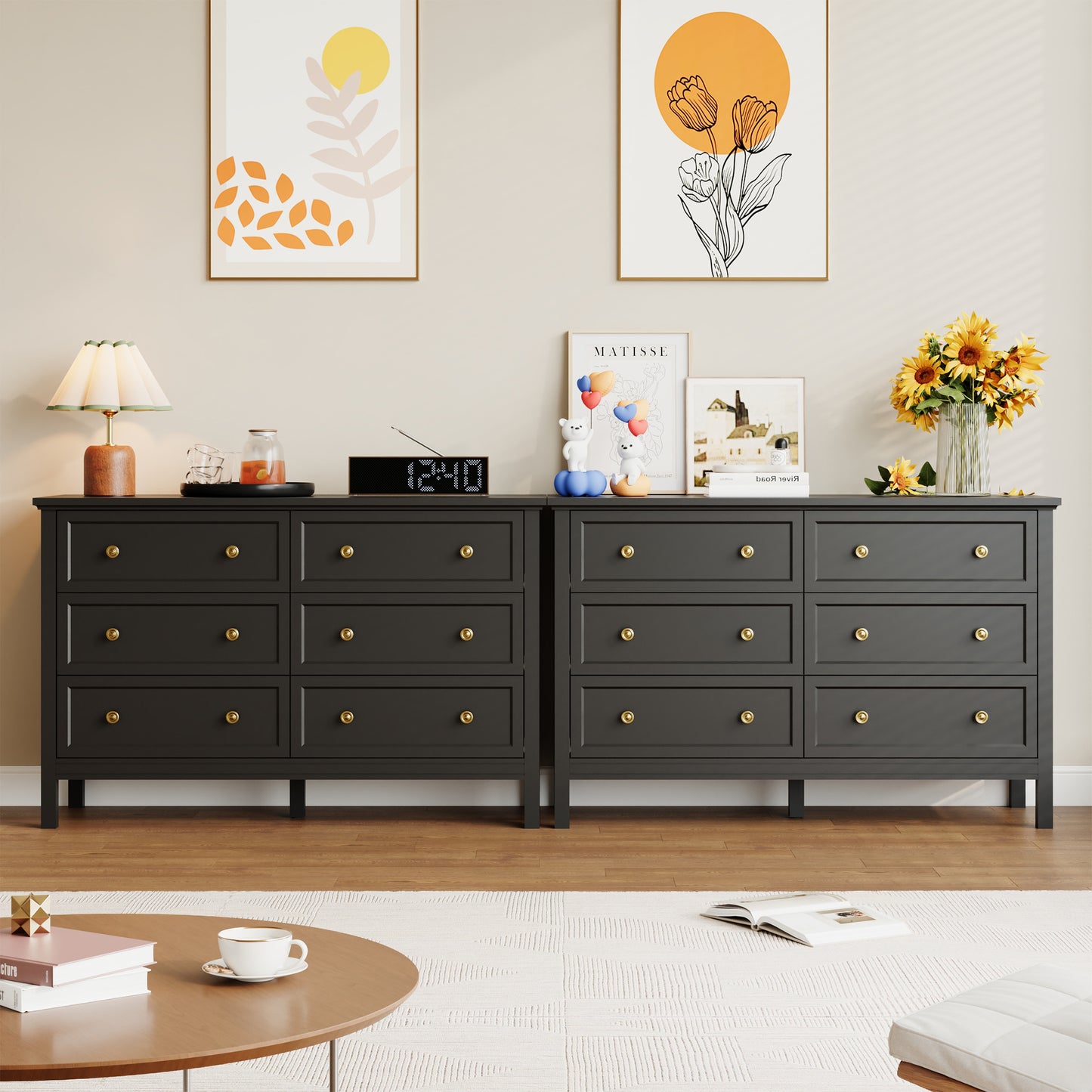 Dresser with 6 Drawer for Bedroom,Traditional Adult Chest of Drawers with Golden Handles for Living Room,Hallway,Nursery