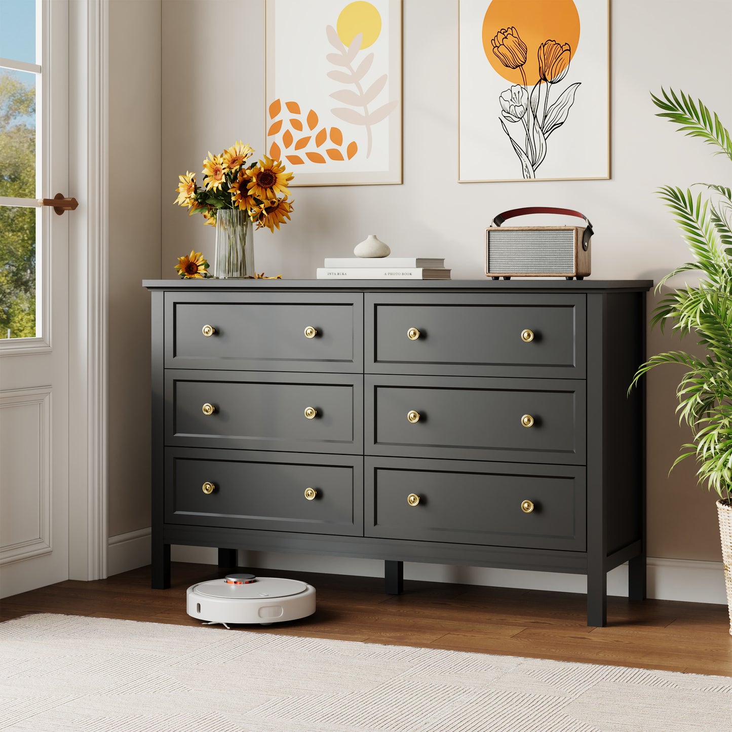 Dresser with 6 Drawer for Bedroom,Traditional Adult Chest of Drawers with Golden Handles for Living Room,Hallway,Nursery