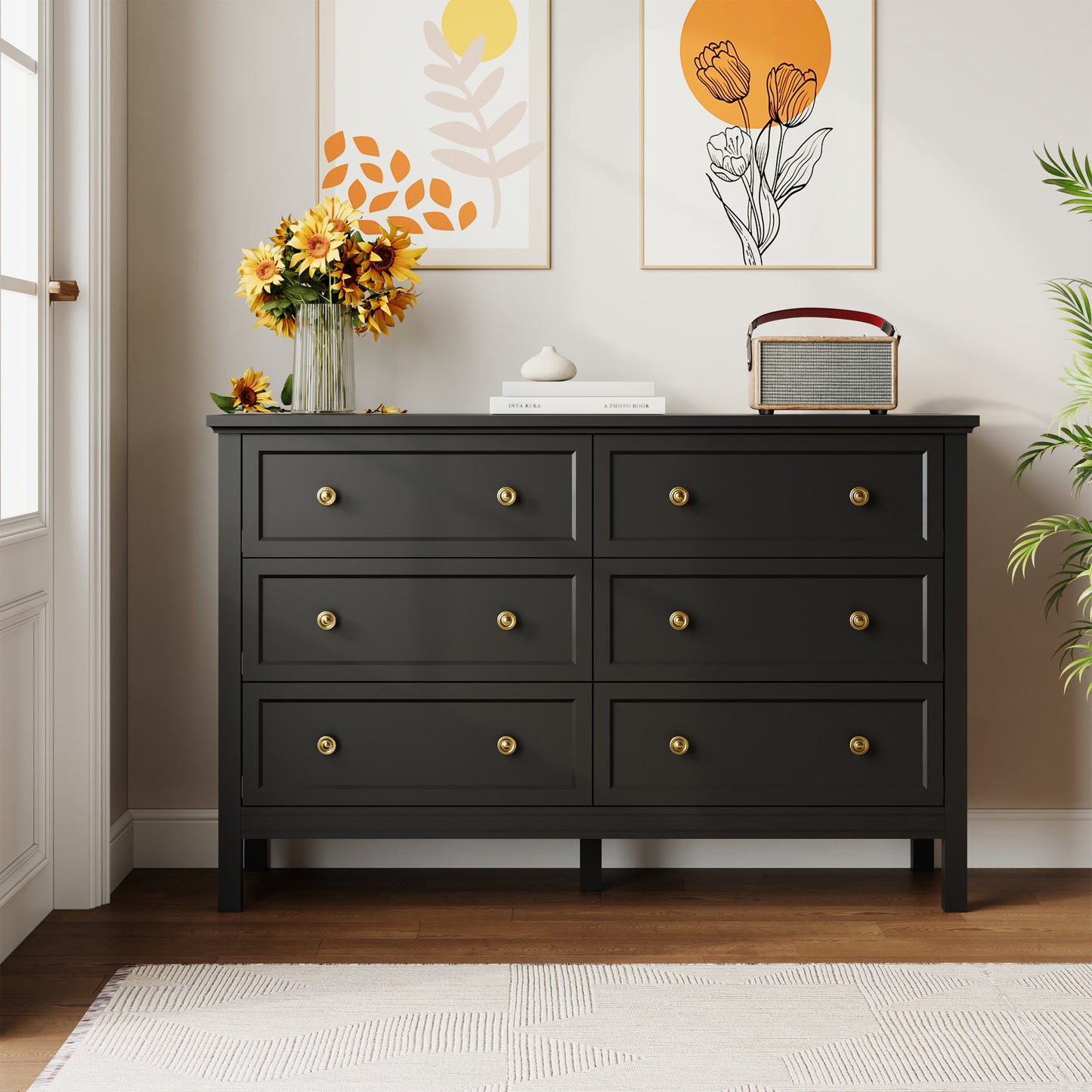 Dresser with 6 Drawer for Bedroom,Traditional Adult Chest of Drawers with Golden Handles for Living Room,Hallway,Nursery
