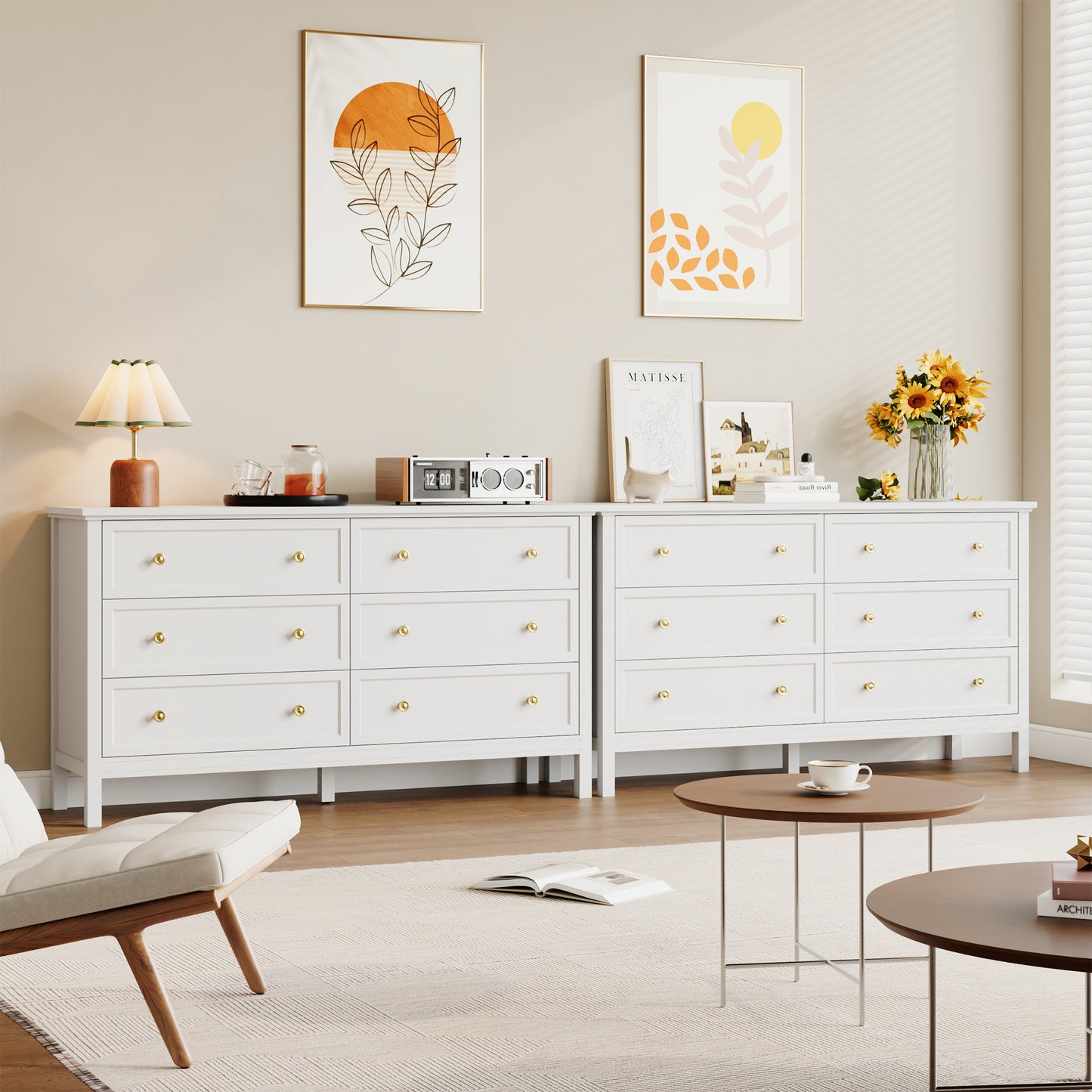 Dresser with 6 Large Drawer for Bedroom,Traditional Adult Chest of Drawers with Golden Handles for Living Room,Hallway,Nursery