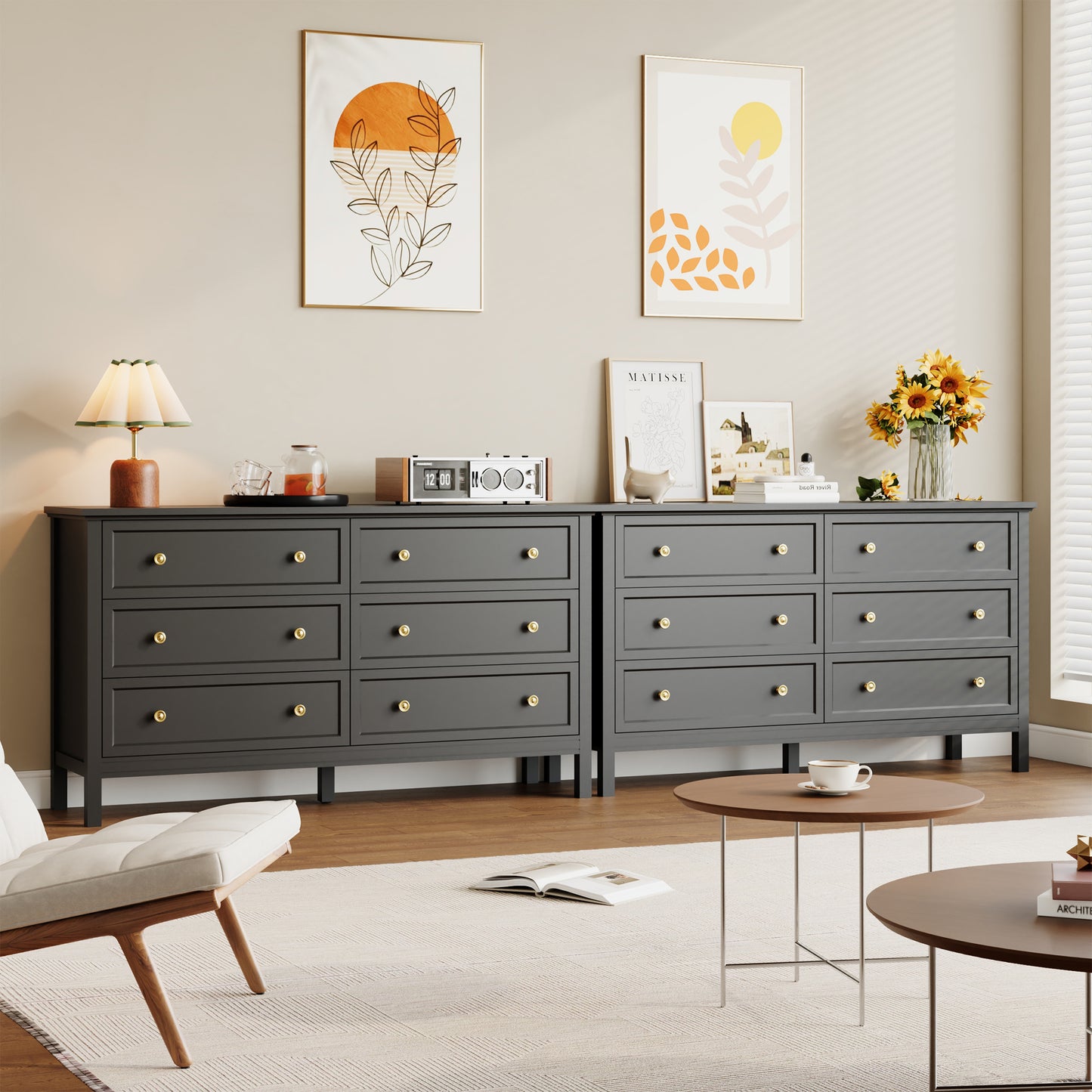 Dresser with 6 Large Drawer for Bedroom,Traditional Adult Chest of Drawers with Golden Handles for Living Room,Hallway,Nursery
