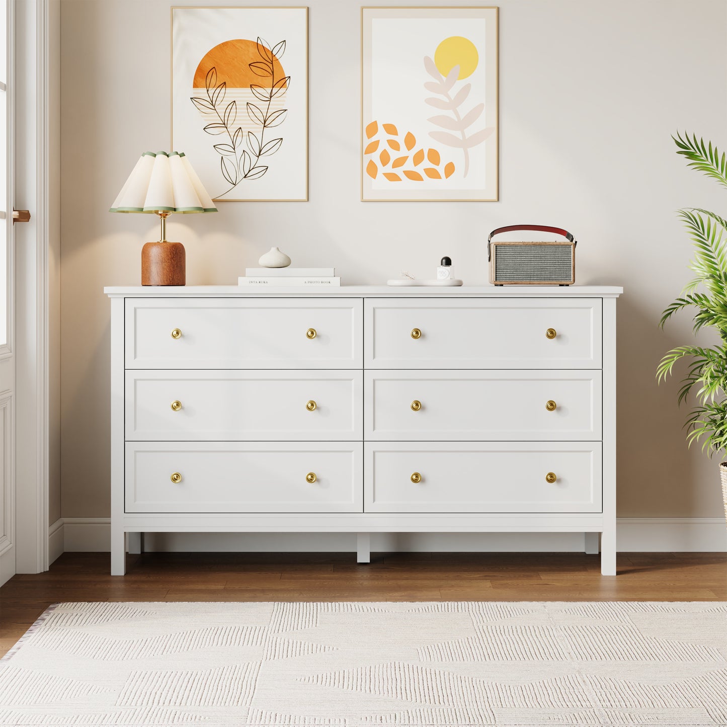 Dresser with 6 Large Drawer for Bedroom,Traditional Adult Chest of Drawers with Golden Handles for Living Room,Hallway,Nursery