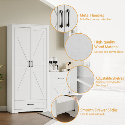 69" Tall Kitchen Pantry,Farmhouse Storage Cabinet with 2 Barn Doors 4 Adjustable Shelves and Large Drawer for Dining Room,Living Room,Bathroom