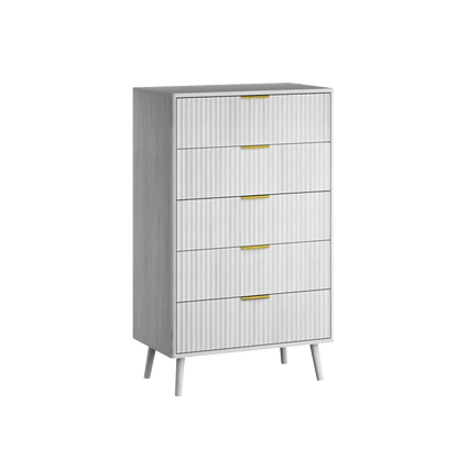 YouTrend 5 Drawer Dresser for Bedroom,Tall Dresser with Metal Handle,Fluted Dresser Modern Storage Cabinet for Home Office Living Room,White