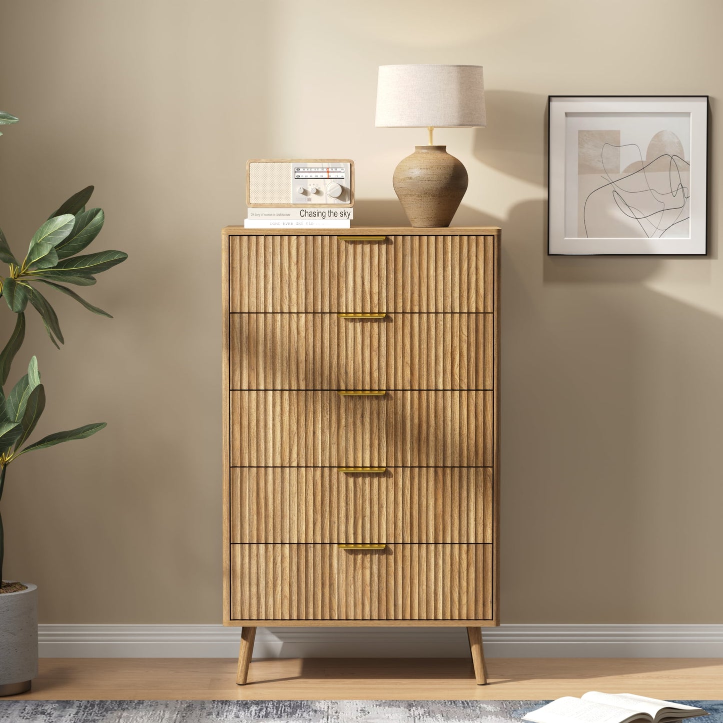 YouTrend 5 Drawer Dresser for Bedroom,Tall Dresser with Metal Handle,Fluted Dresser Modern Storage Cabinet for Home Office Living Room,White