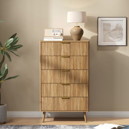 YouTrend 5 Drawer Dresser for Bedroom,Tall Dresser with Metal Handle,Fluted Dresser Modern Storage Cabinet for Home Office Living Room,White