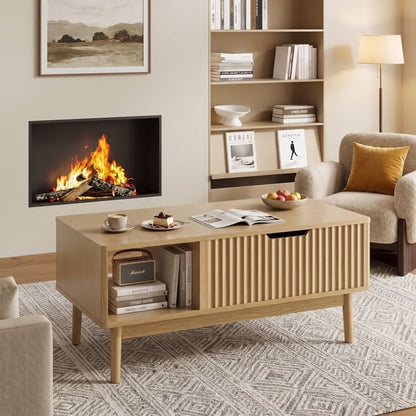 YouTrend Fluted Lift Top Coffee Table with Storage, 39.4" Width Rising Coffee Tables with Hidden Compartment, Wood Center Table for Living Room Office