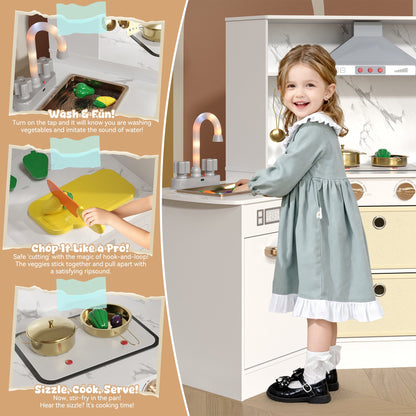ASTUVIA Wooden Play Kitchen For Kids With Realistic Lights & Sounds, Smart Storage, Pretend Ice Maker, Sink, Stove, Inspiring Creative Role Play Toy