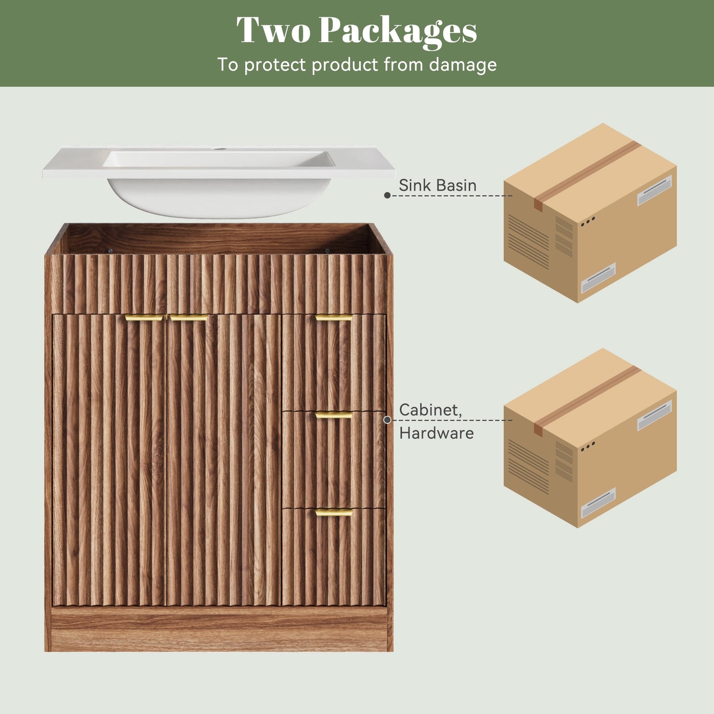 ASTUVIA 60" Fluted Bathroom Vanity Cabinet with 2 Drawers,Bathroom Vanity with Sink and 4 Soft-Close Doors,Floating Bathroom Sink Cabinet,Brown