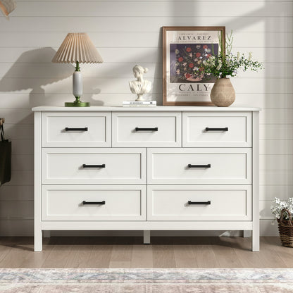 YouTrend 7 Drawer Farmhouse Dresser,Wood Adult Rustic Chest of Drawer with Metal Handles for Bedroom Living Room Hallway,Burlywood & White