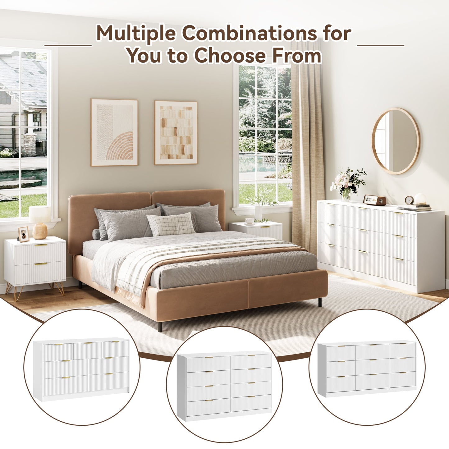 YouTrend 7 Drawer Dresser and Nightstand Sets for Bedroom,3 Piece Bedroom Dresser Set,Fluted Dressers and Nightstands, Modern Bedroom Set