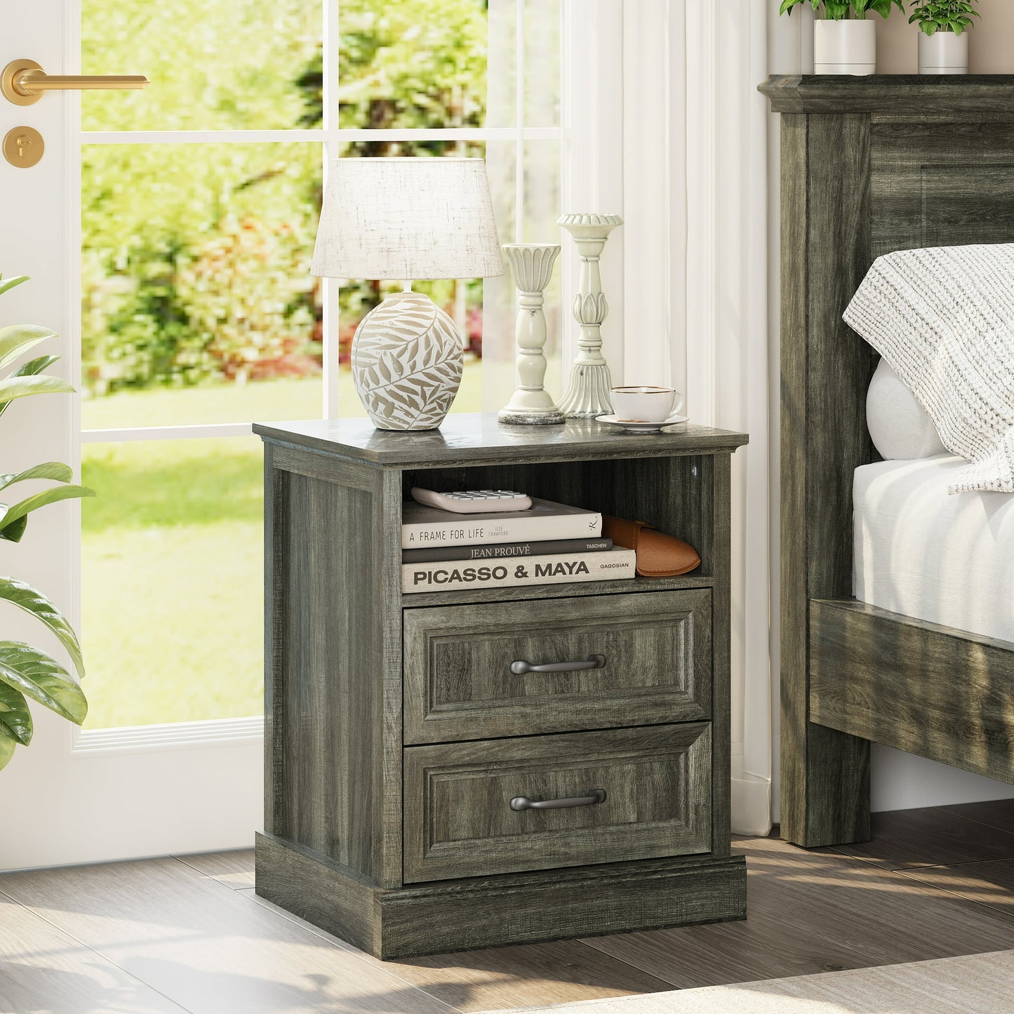 YouTrend Farmhouse Nightstand with 2 Drawers & Open Shelf End Table Bedside Tables for Bedroom Living Room,White