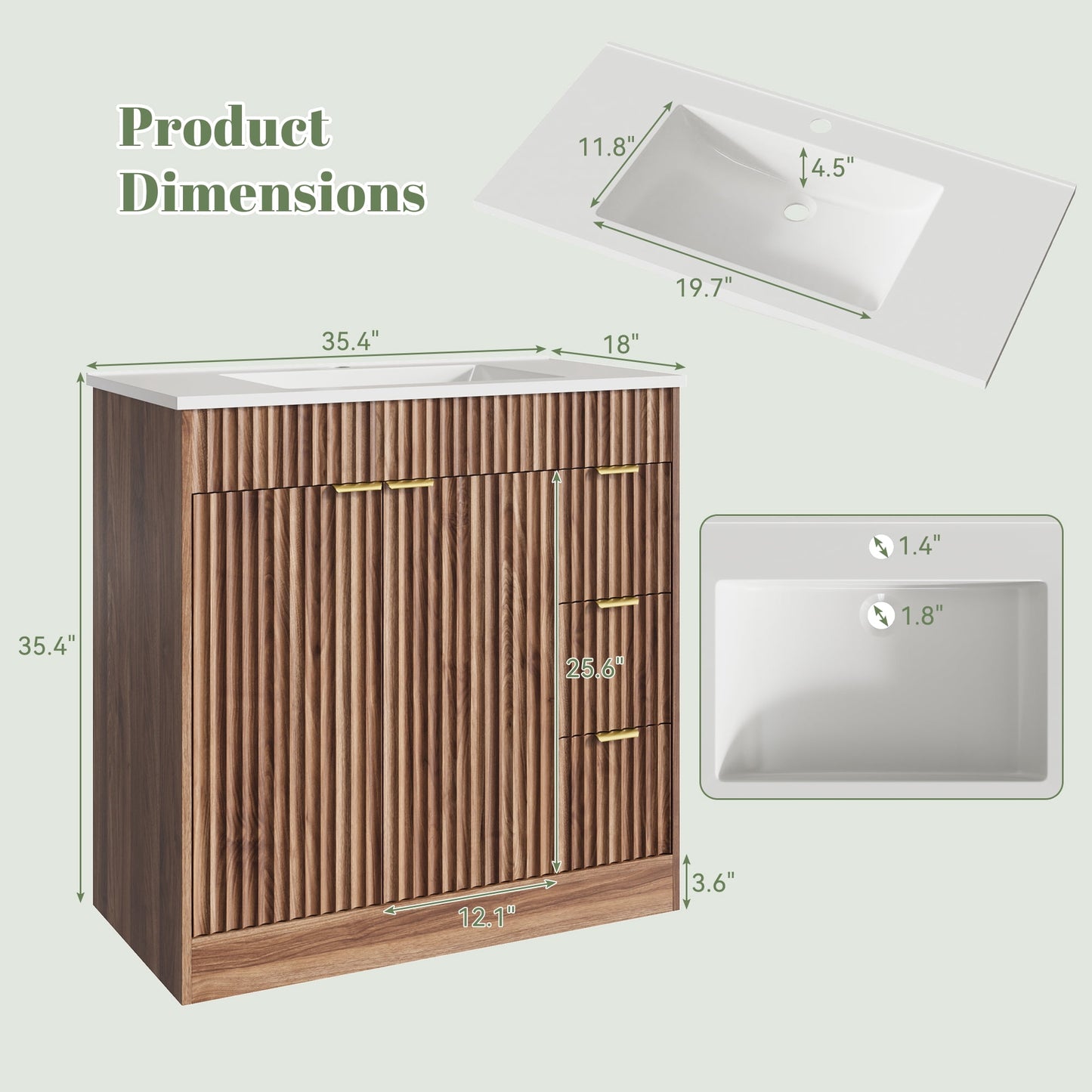 ASTUVIA 60" Fluted Bathroom Vanity Cabinet with 2 Drawers,Bathroom Vanity with Sink and 4 Soft-Close Doors,Floating Bathroom Sink Cabinet,Brown