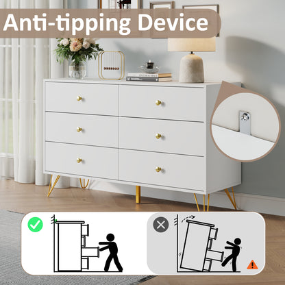 6 Drawer Dresser,Adult Chest of Drawers with Golden Handles & Legs for Bedroom,Living Room,Hallway,Nursery